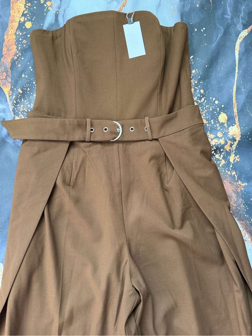 ASTR The Label Brown Strapless Wide Leg Jumpsuit Belted Women’s M NWT - Picture 5 of 13